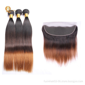 100% Cuticle Aligned Virgin Hair 1B/4/30 Remy Virgin Brazilian Human Hair Ombre Hair Weft 3 Bundles with Ear to Ear Lace Frontal